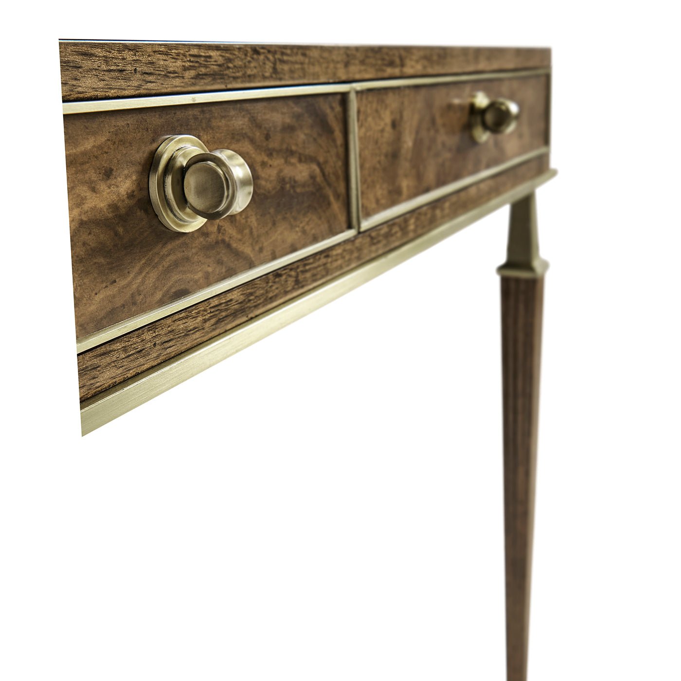 Walnut desk drawers and knobs, side view close-up.