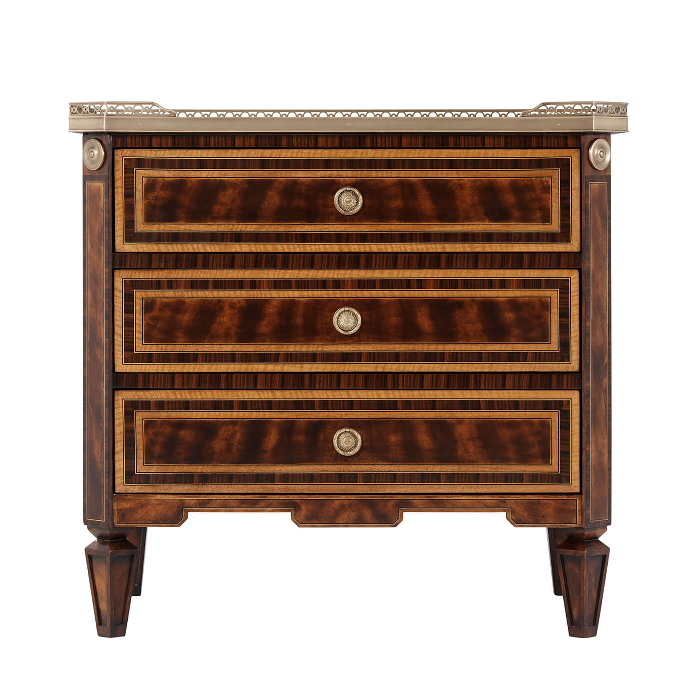 Front view of neoclassic nightstand with three drawers.