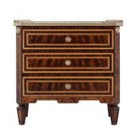 Front view of neoclassic nightstand with three drawers.