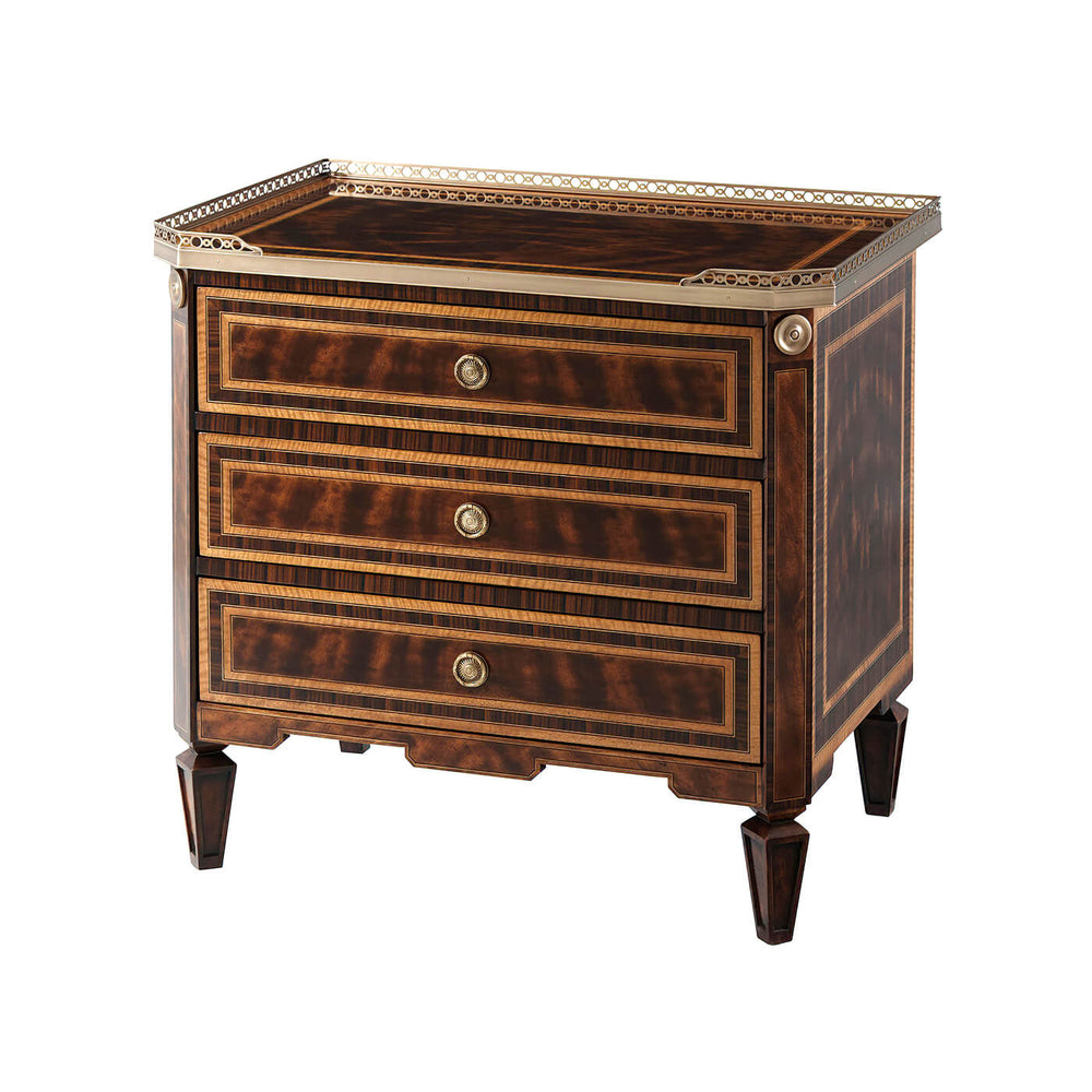 Three-drawer neoclassic nightstand with ornate details, angled view.