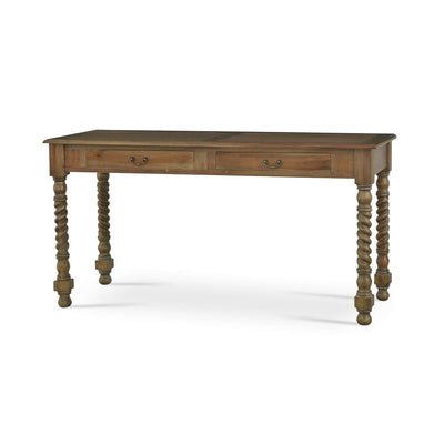 Rustic desk, wooden design, spiral legs, side view.