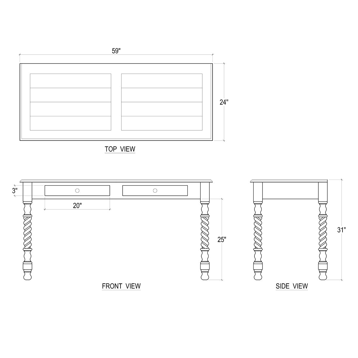 Rustic desk, detailed dimensions, top and side diagrams.