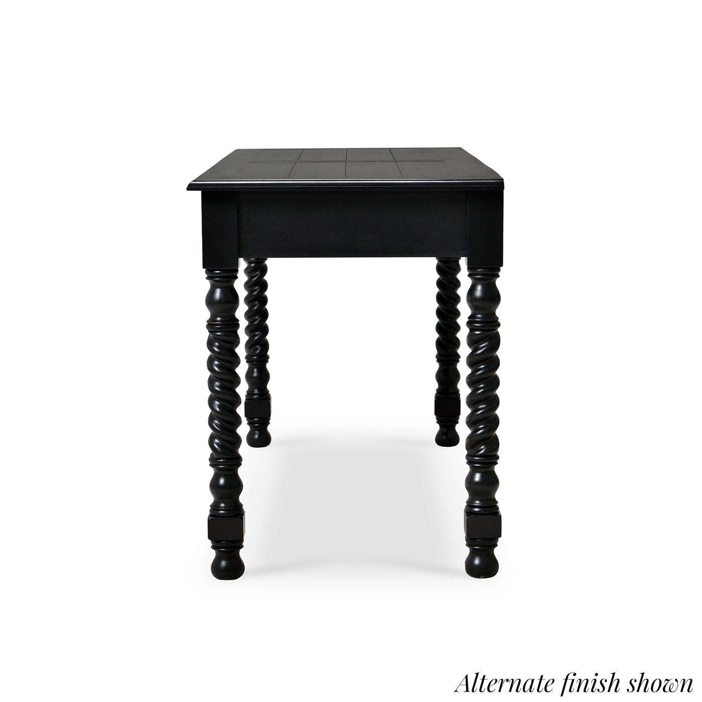 Rustic desk, alternate black finish, side perspective.