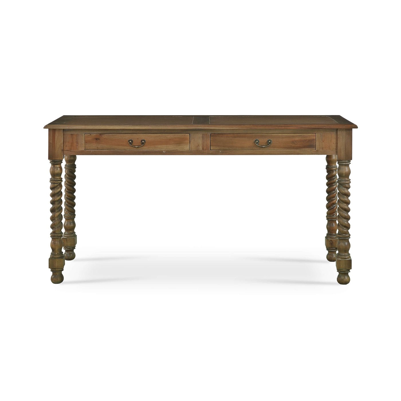 Rustic desk, wooden design, spiral legs, front view.