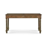 Rustic desk, wooden design, spiral legs, front view.
