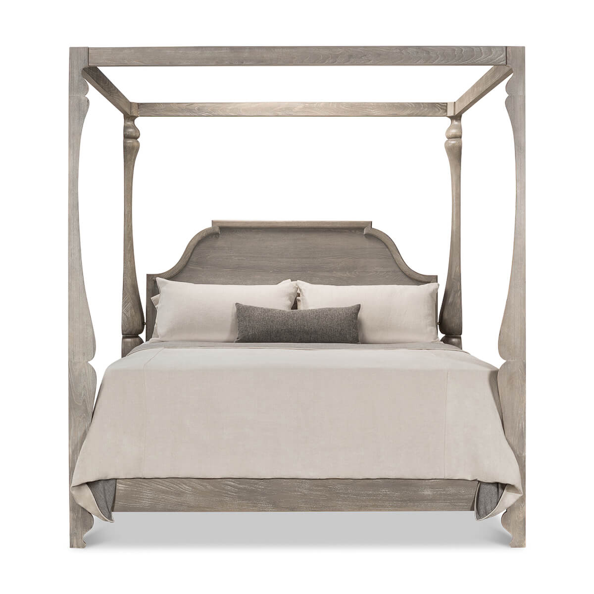 European style canopy bed, front view with bedding.