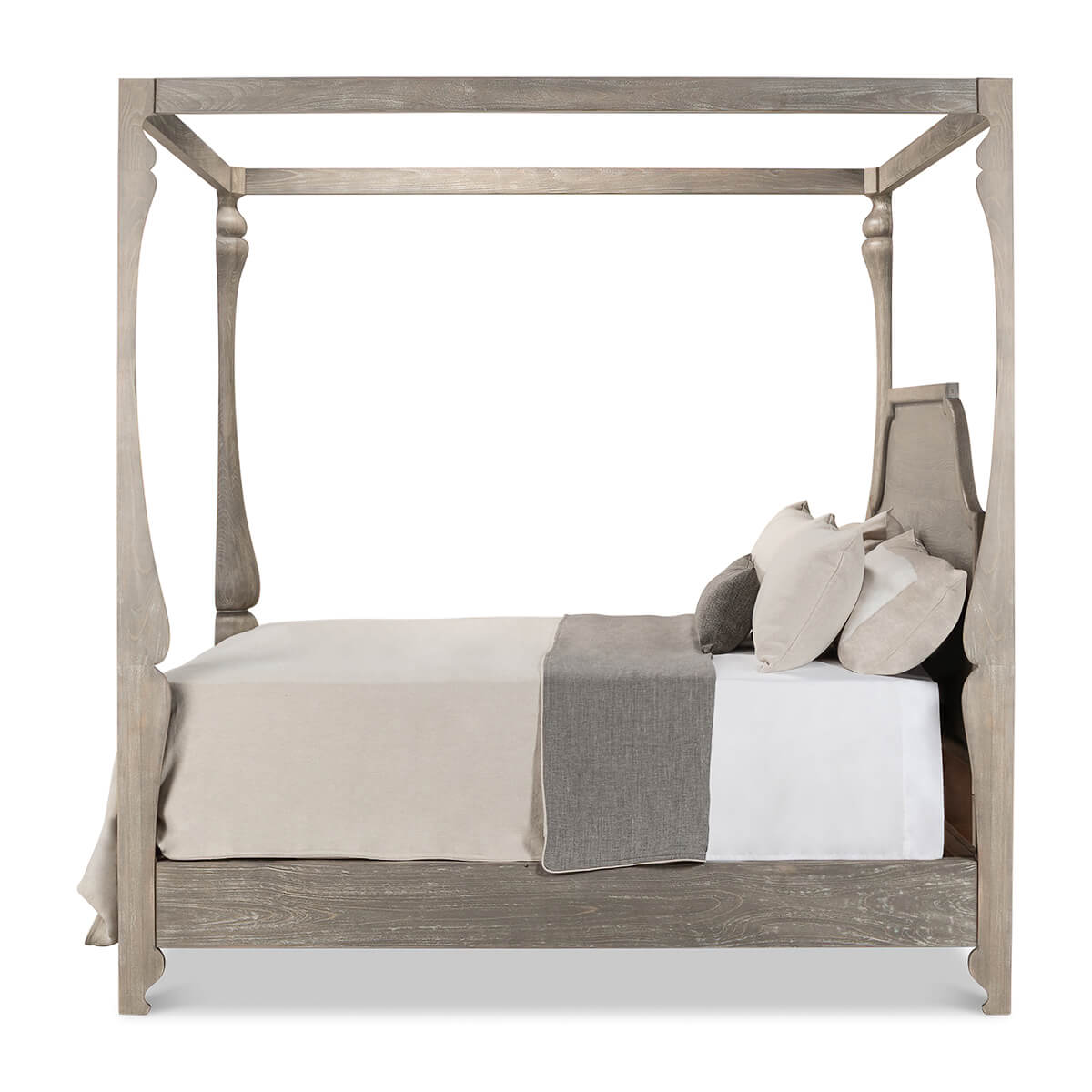 European style canopy bed, side view with bedding.