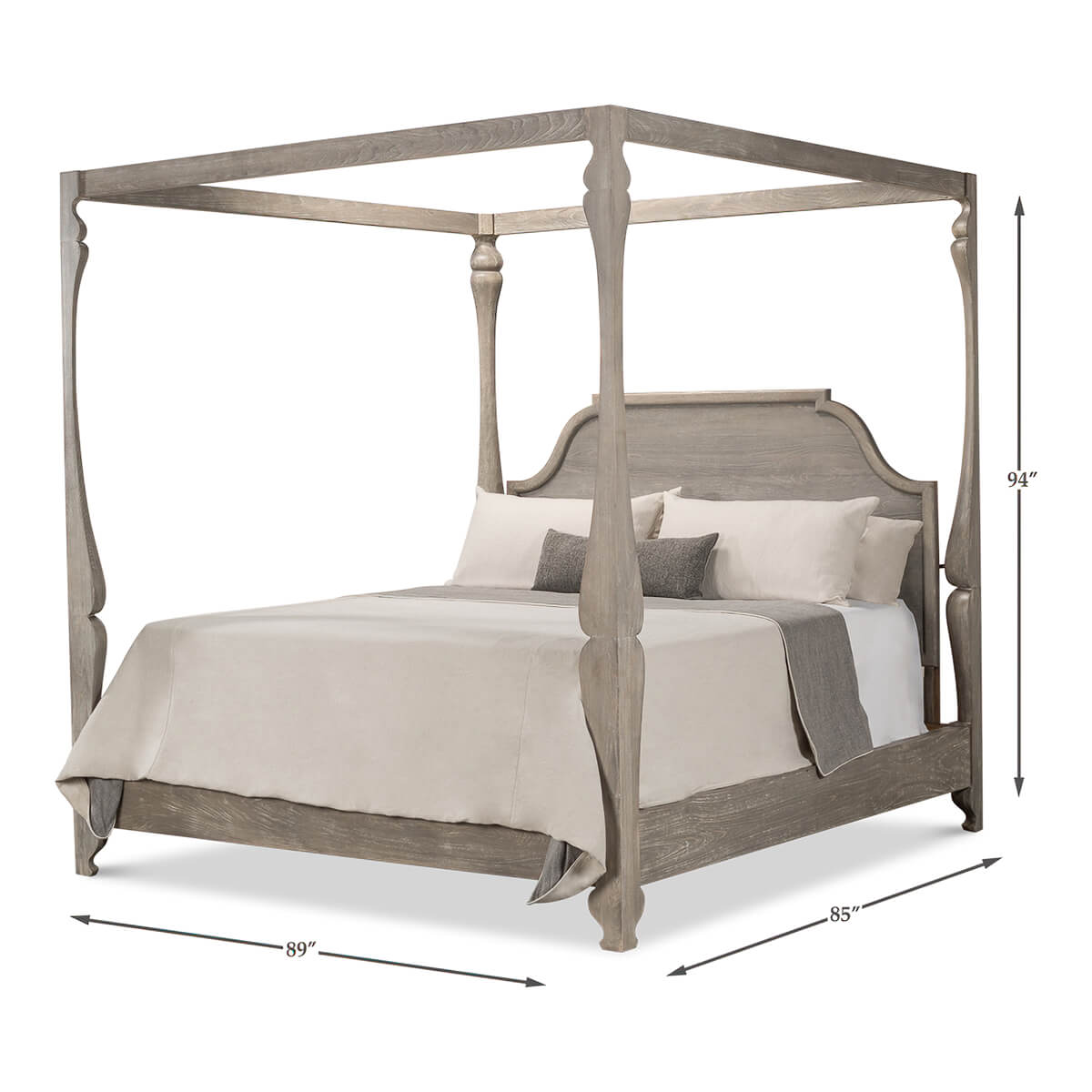 European style canopy bed dimensions, angled front view.