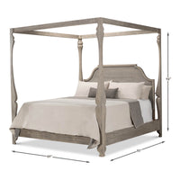 European style canopy bed dimensions, angled front view.