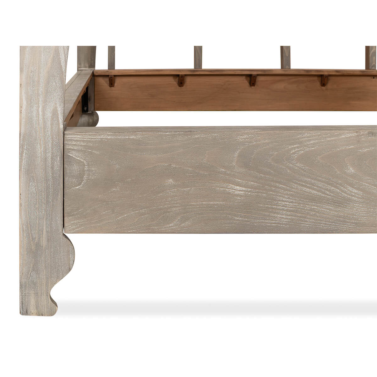 European style canopy bed, close-up of bed frame detail.