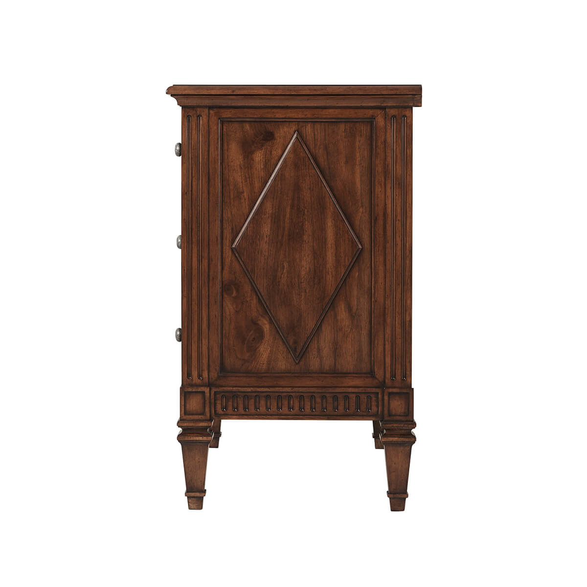 Side view of walnut dresser with diamond pattern.