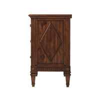 Side view of walnut dresser with diamond pattern.