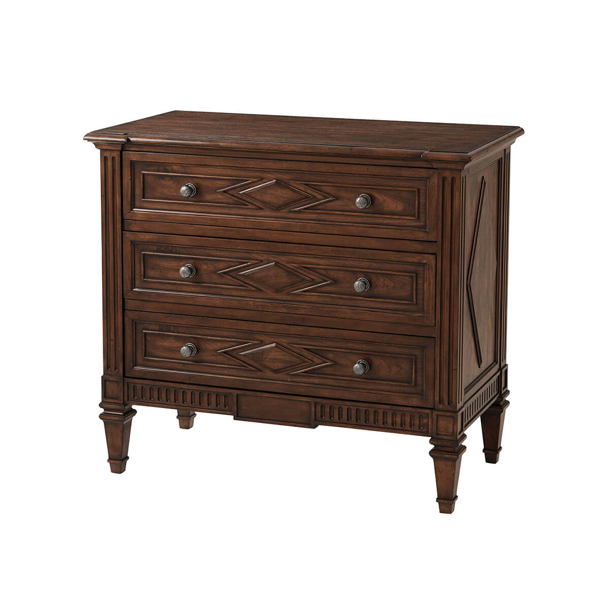 Three-drawer walnut dresser angled view.