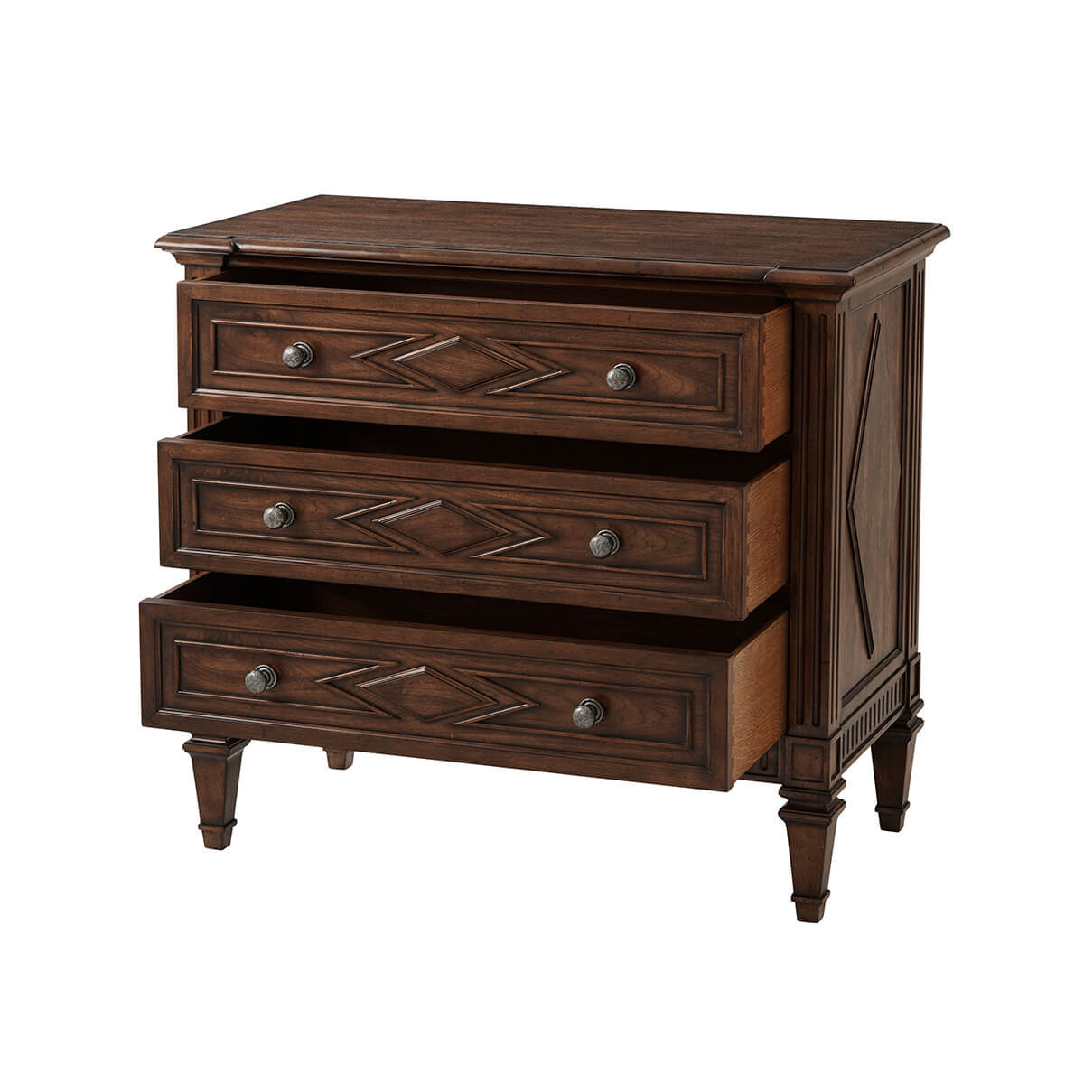 Open drawers showing interior of walnut dresser.