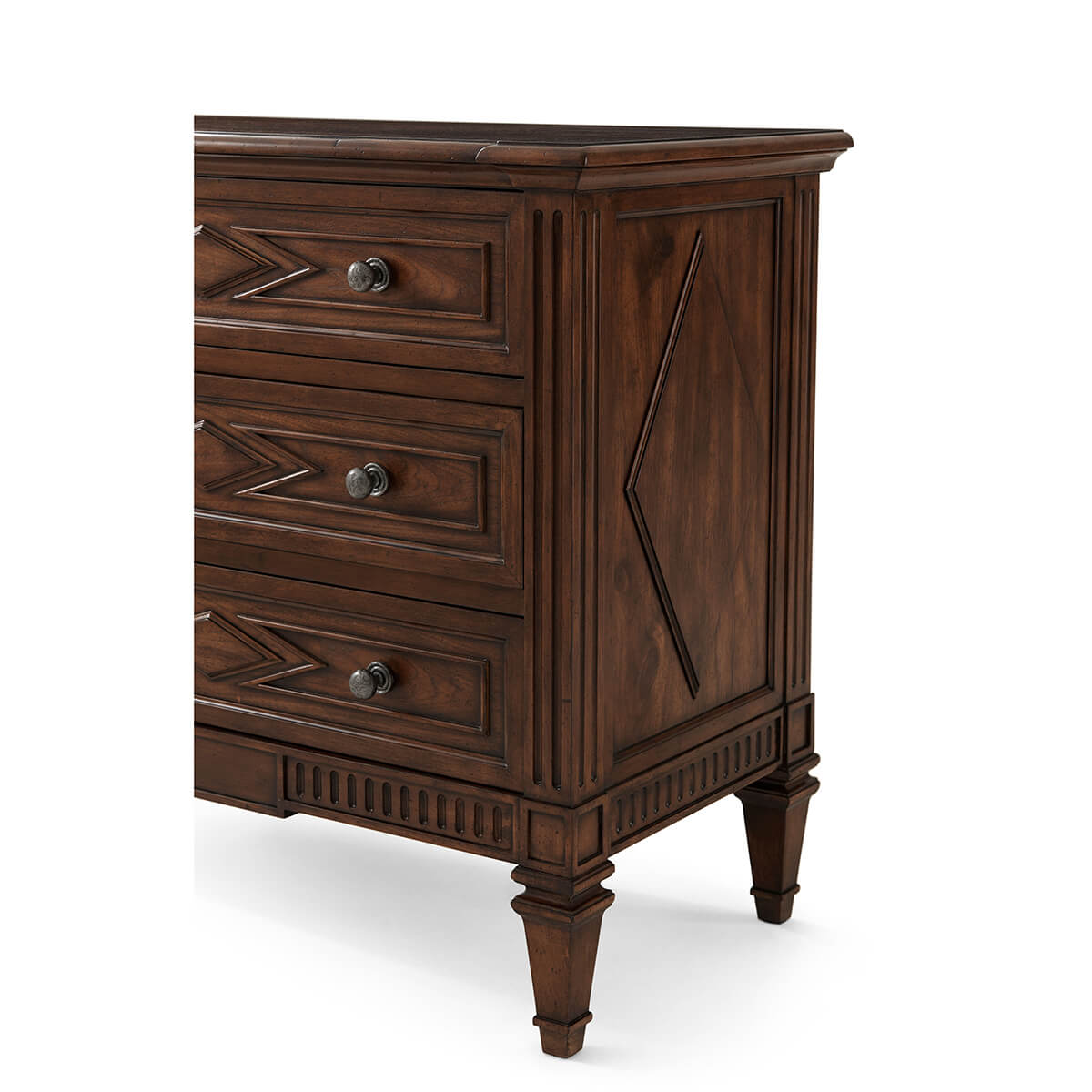 Close-up side corner of walnut dresser detail.