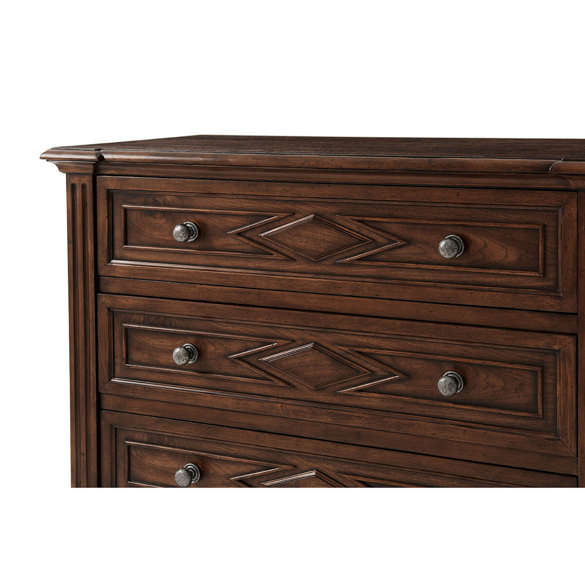 Close-up of walnut dresser drawer handles and design.