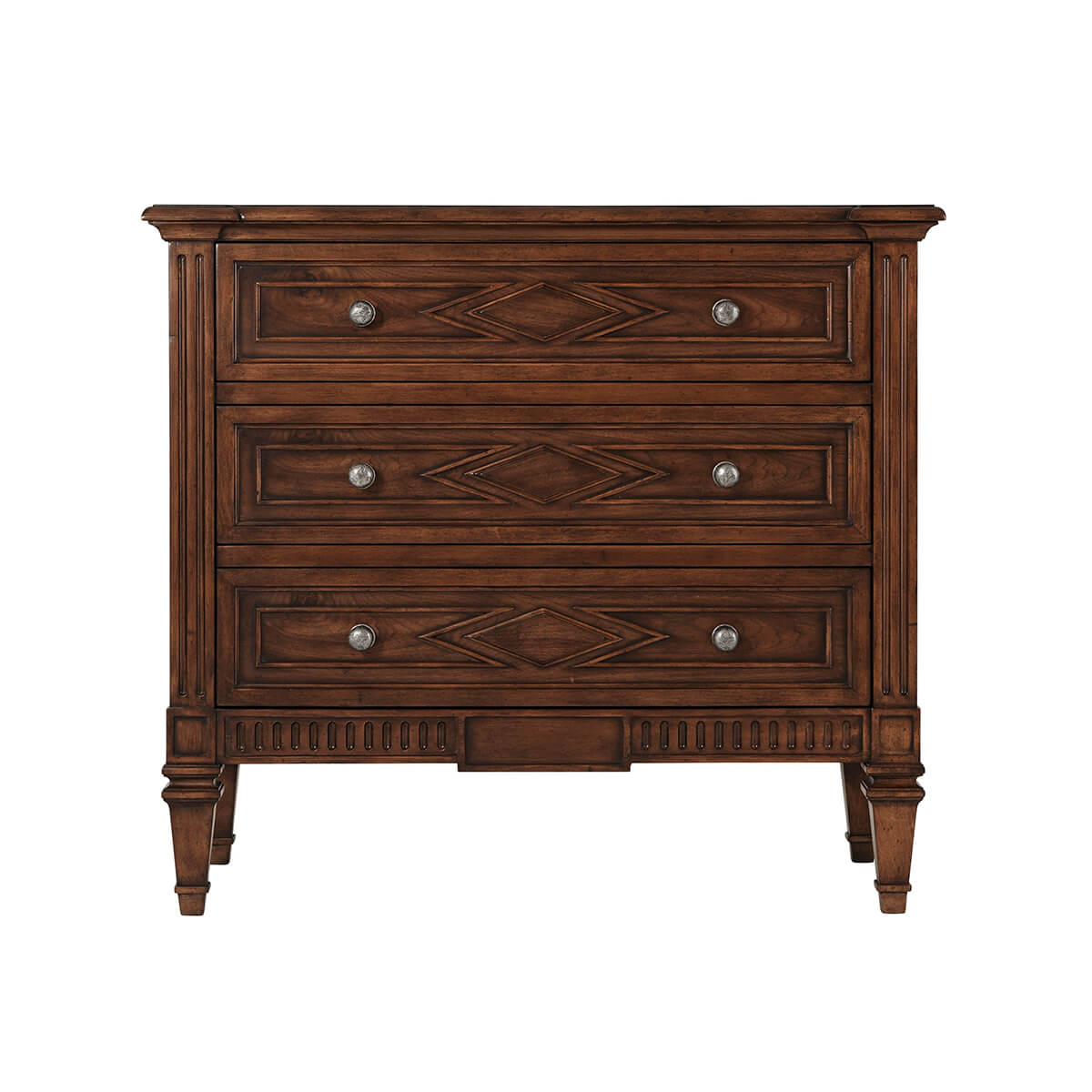 Front view of walnut dresser with ornate details.