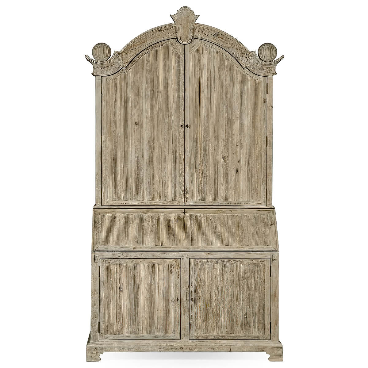 Whitewashed secretary bookcase closed, full front view.