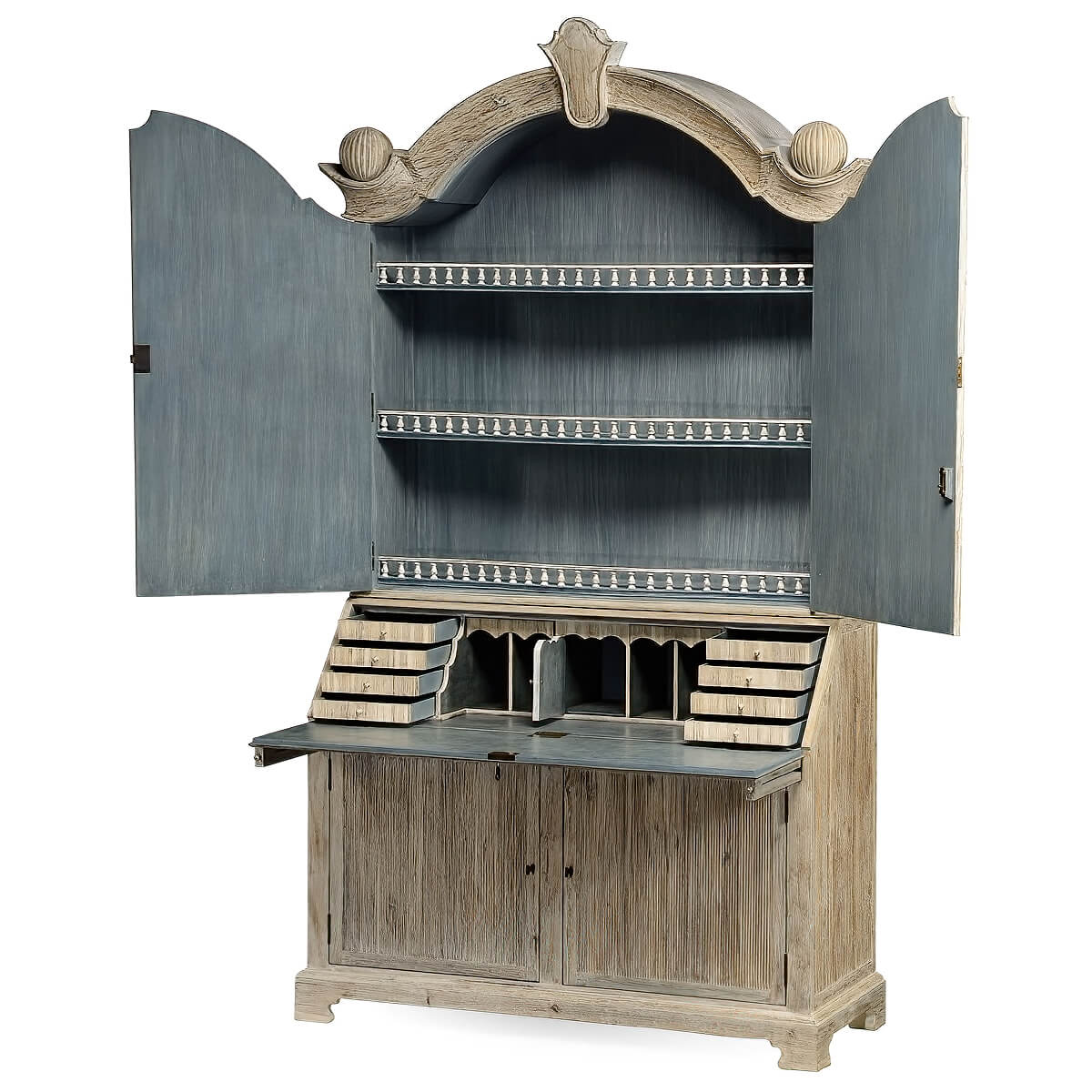 Secretary bookcase open with shelving and drawers displayed.