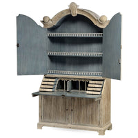 Secretary bookcase open with shelving and drawers displayed.