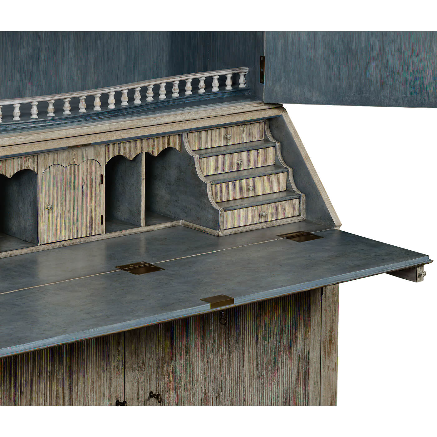 Close-up of bookcase desk section and small drawers.