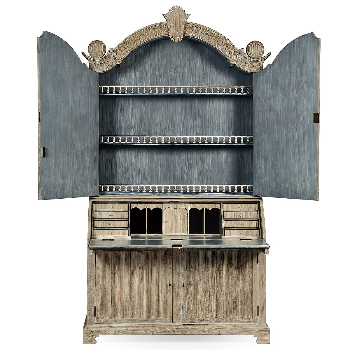 Secretary bookcase open, detailed shelving and desk layout.