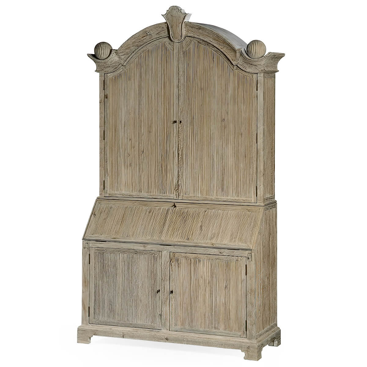 European whitewashed secretary bookcase closed front view.