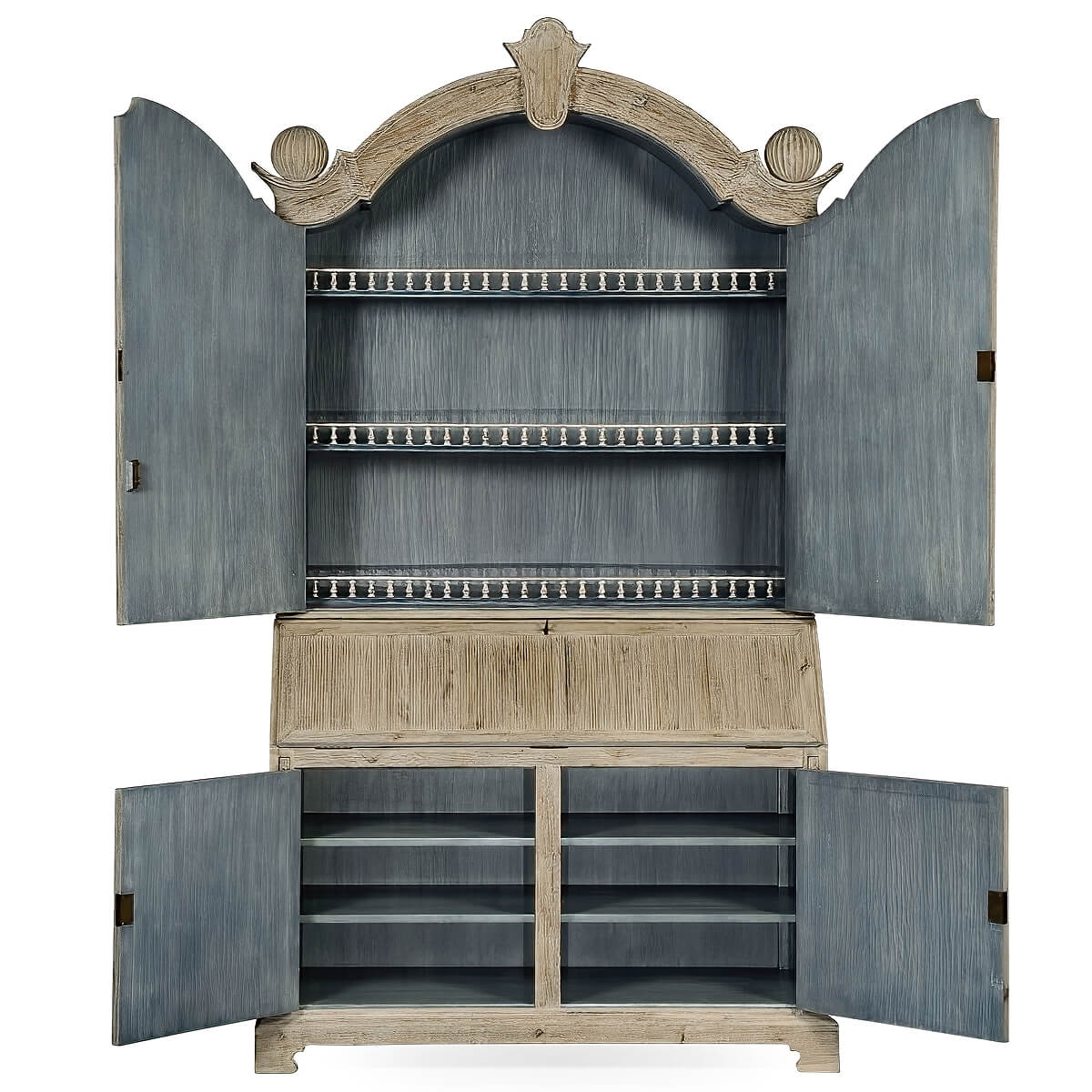 Bookcase open with visible storage shelves and compartments.