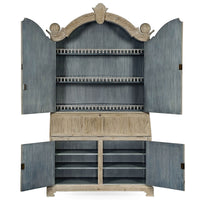 Bookcase open with visible storage shelves and compartments.