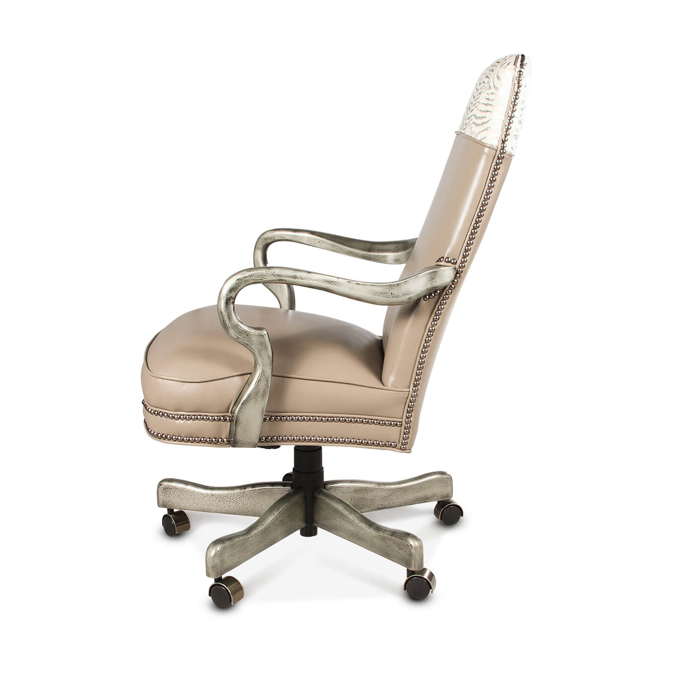 Side profile of exotic leather high back office chair