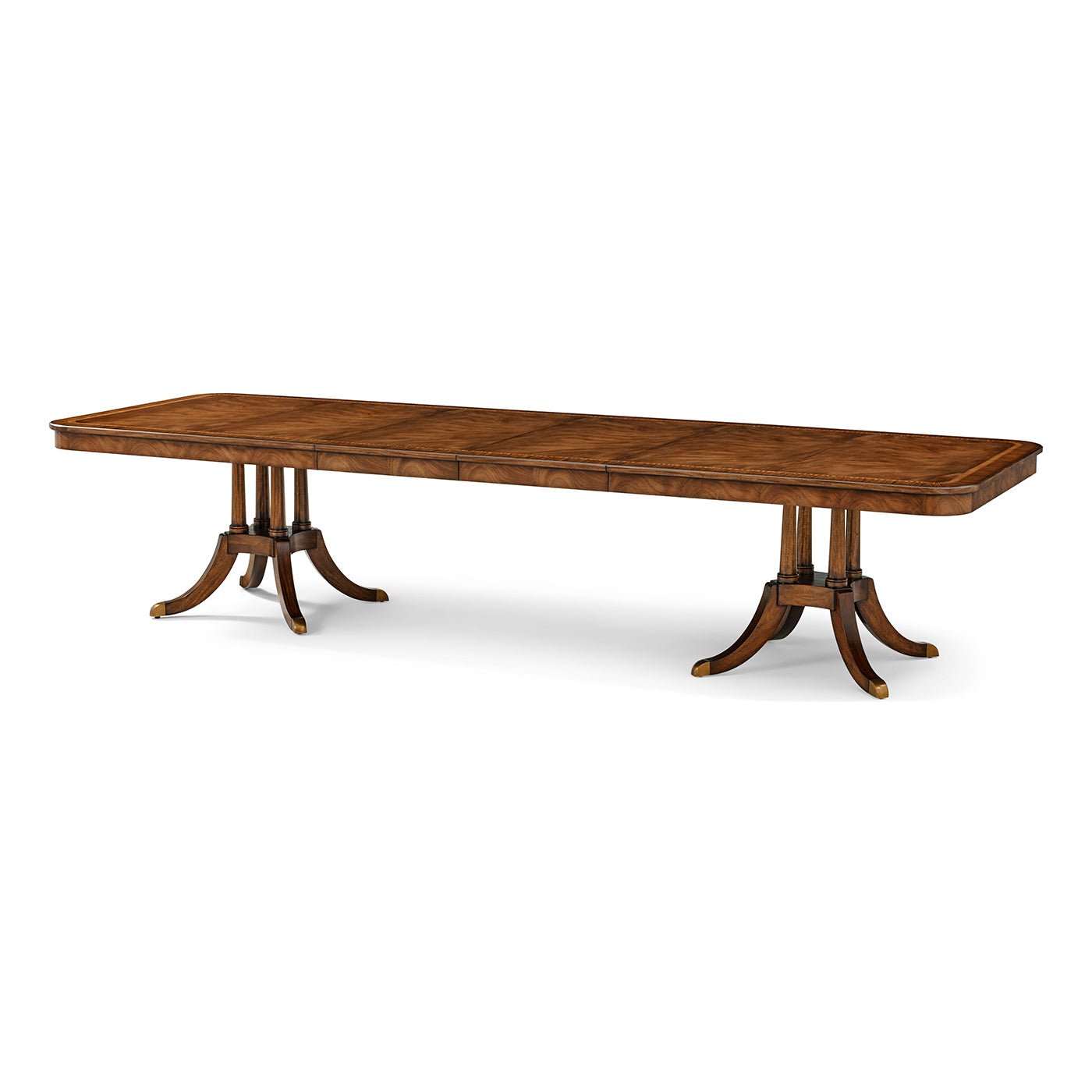 Long extending English dining table, side view, wood finish.