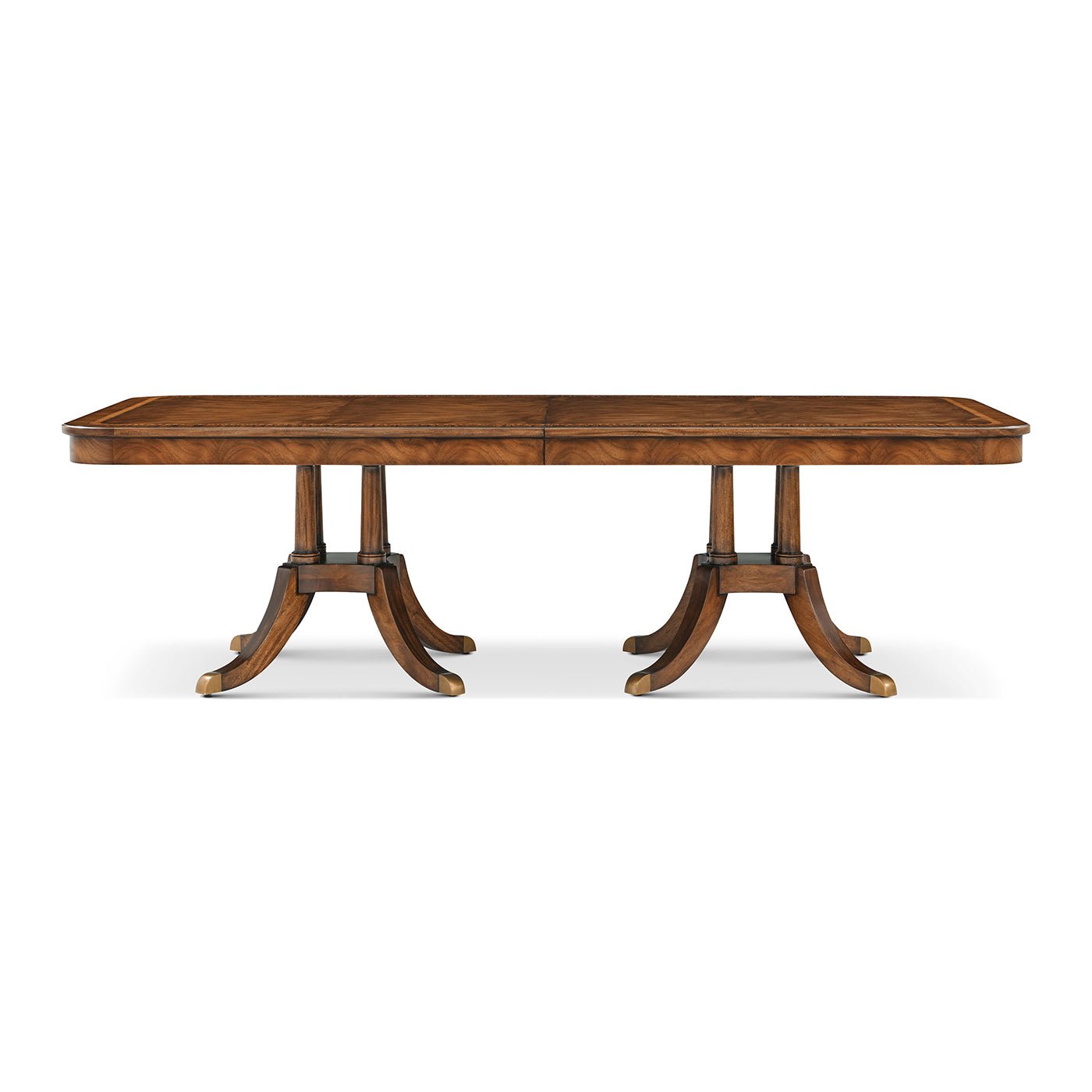 Front view of extending English dining table, dual pedestals.