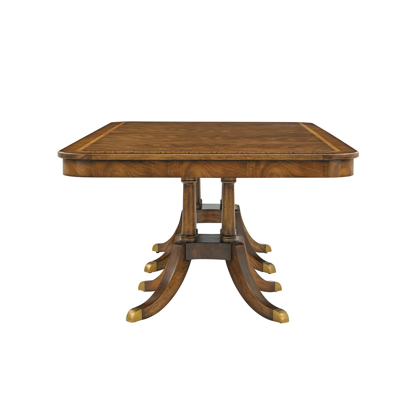 Single pedestal view, extending English dining table, compact form.