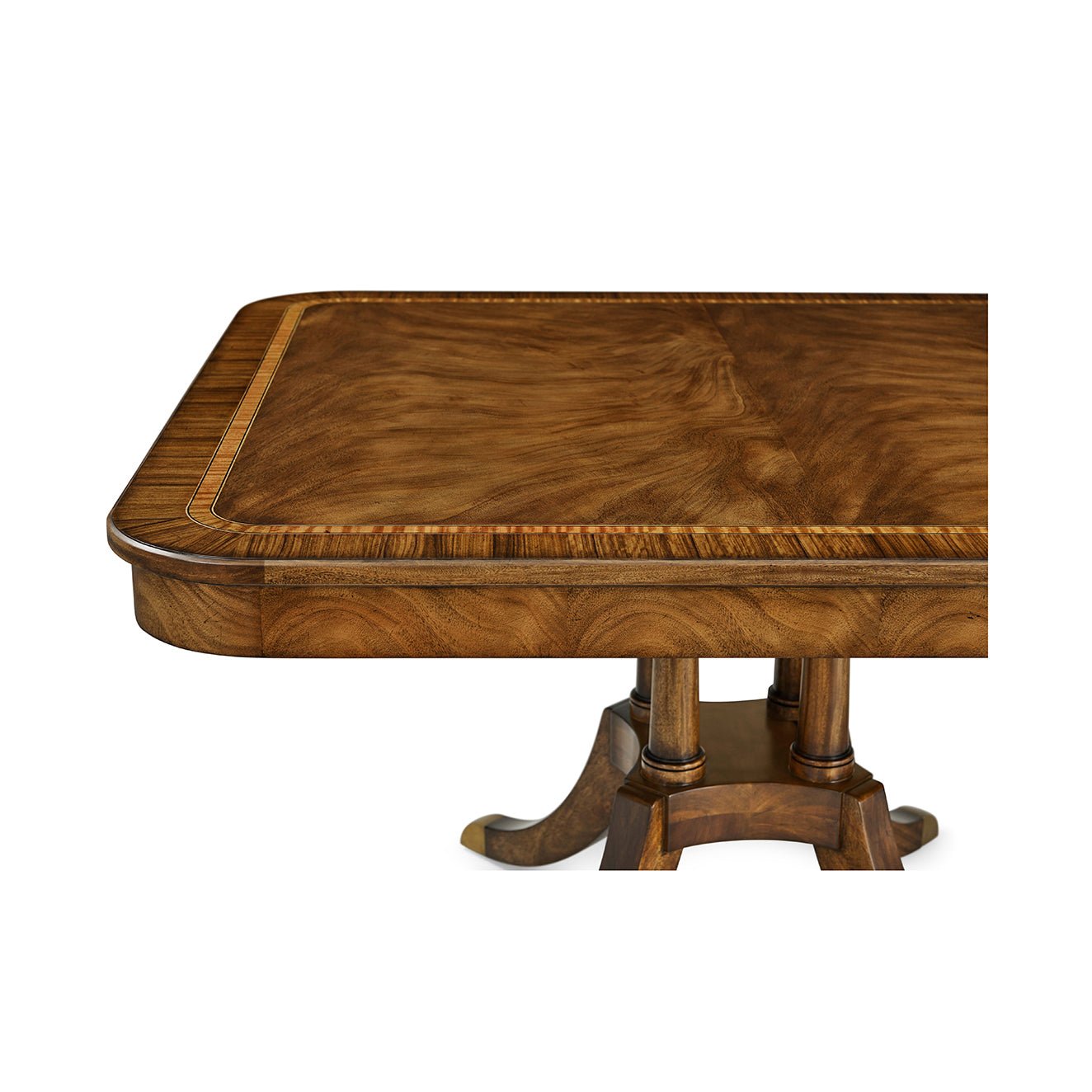 Close-up of table corner, extending English dining table wood detail.