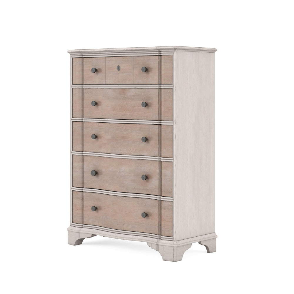 Washed maple five-drawer chest with Belgian Ivory rails, angled view