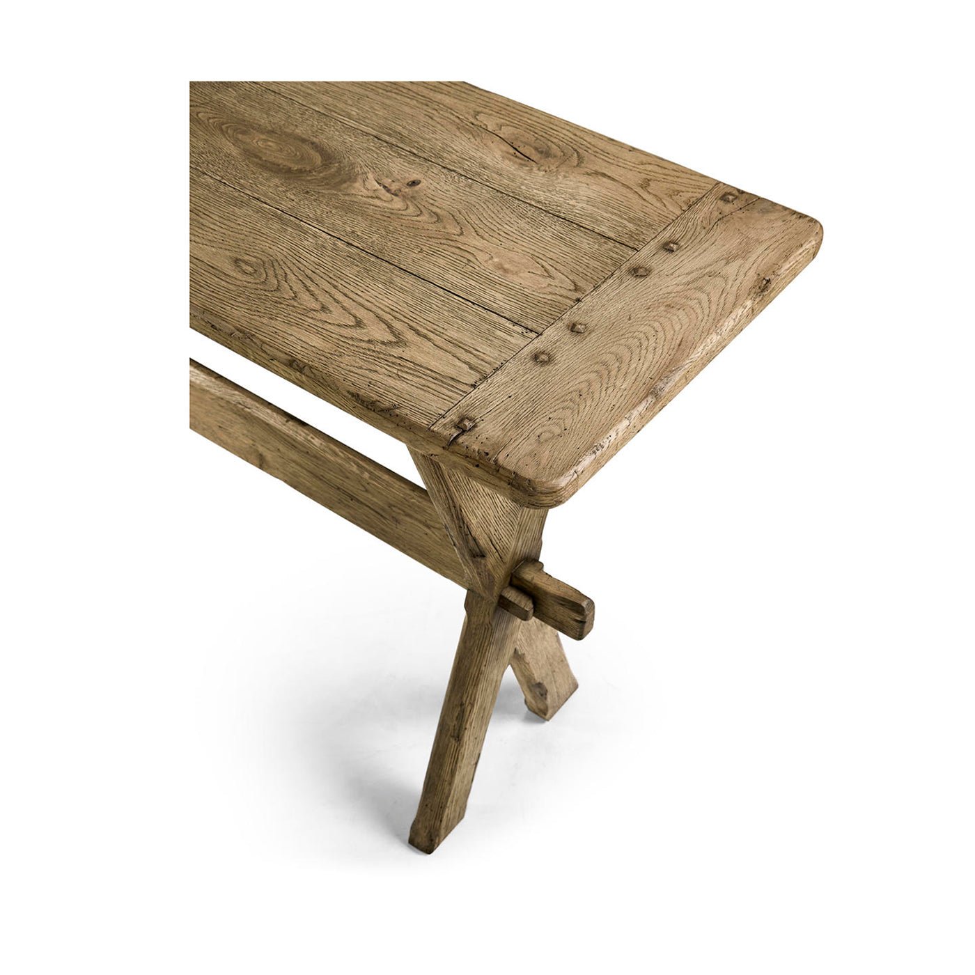 Top corner view of Faded Oak Console Table's surface texture.