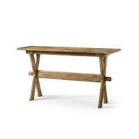 Angled view of Faded Oak Console Table, wooden finish.