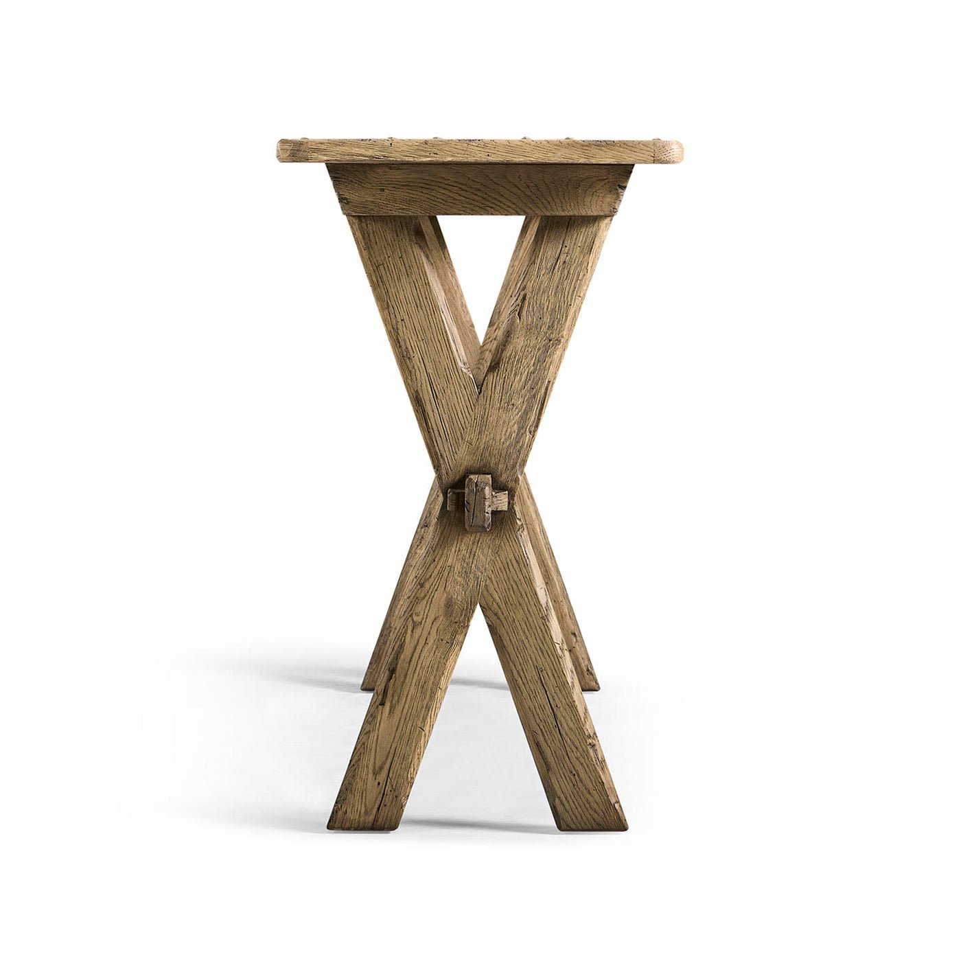 Side view of Faded Oak Console Table's cross legs.