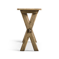 Side view of Faded Oak Console Table's cross legs.