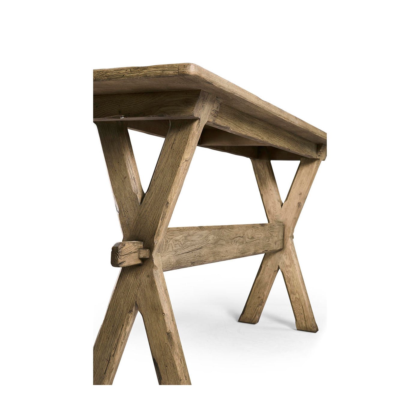 Low angle of Faded Oak Console Table's sturdy leg design.