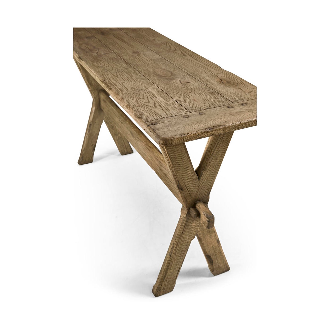 Rear angled view of Faded Oak Console Table's X-shaped legs.