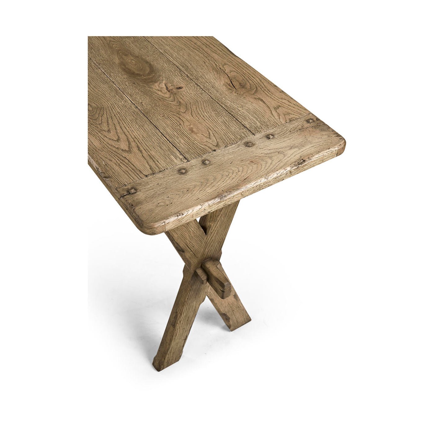 Side corner view of Faded Oak Console Table's top and legs.