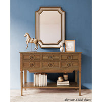 Rustic sideboard in room, alternate finish displayed with decor.