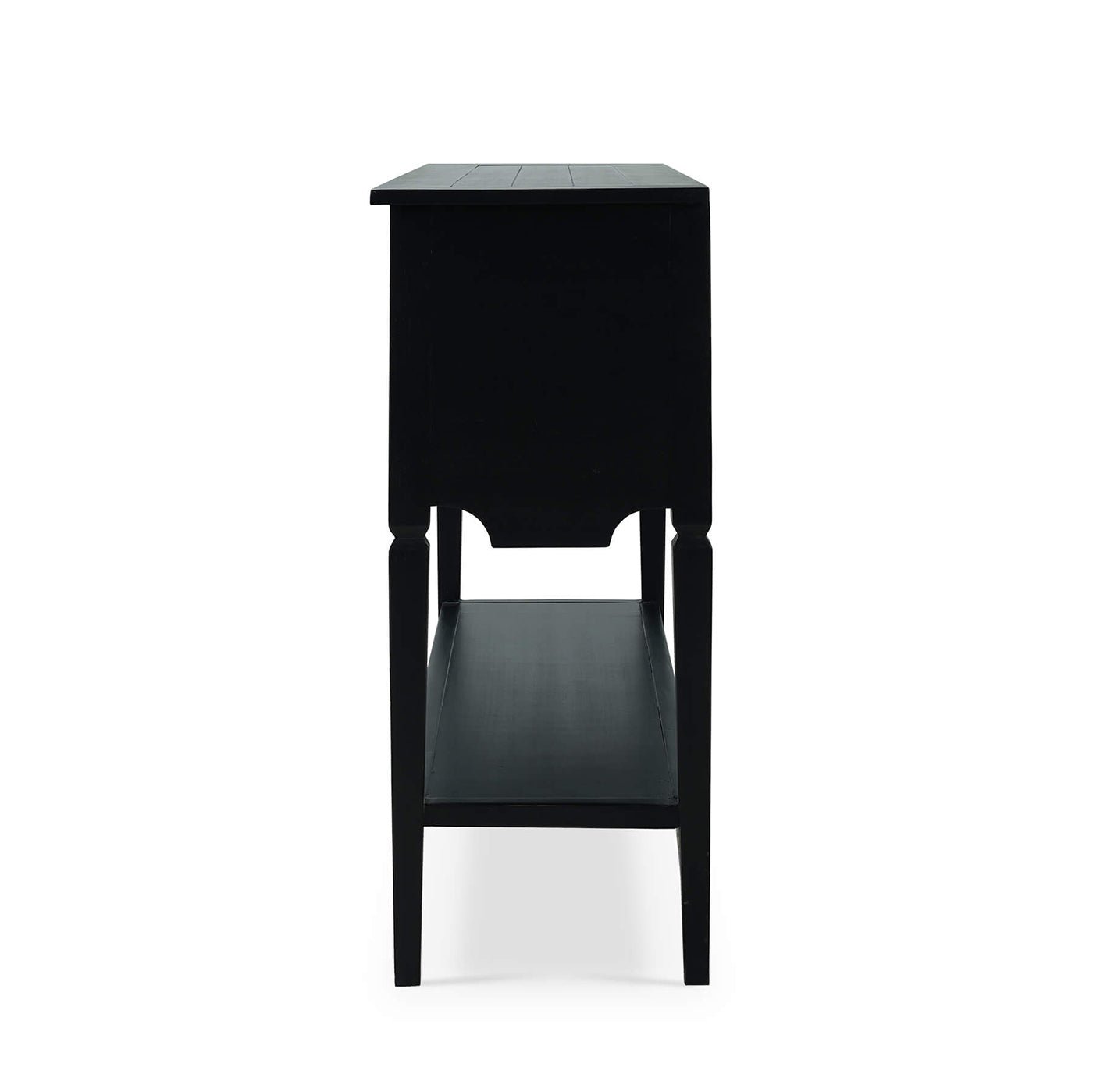 Side view of black rustic sideboard showcasing depth.