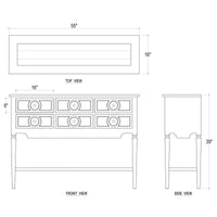 Dimensions and drawings of black rustic sideboard.