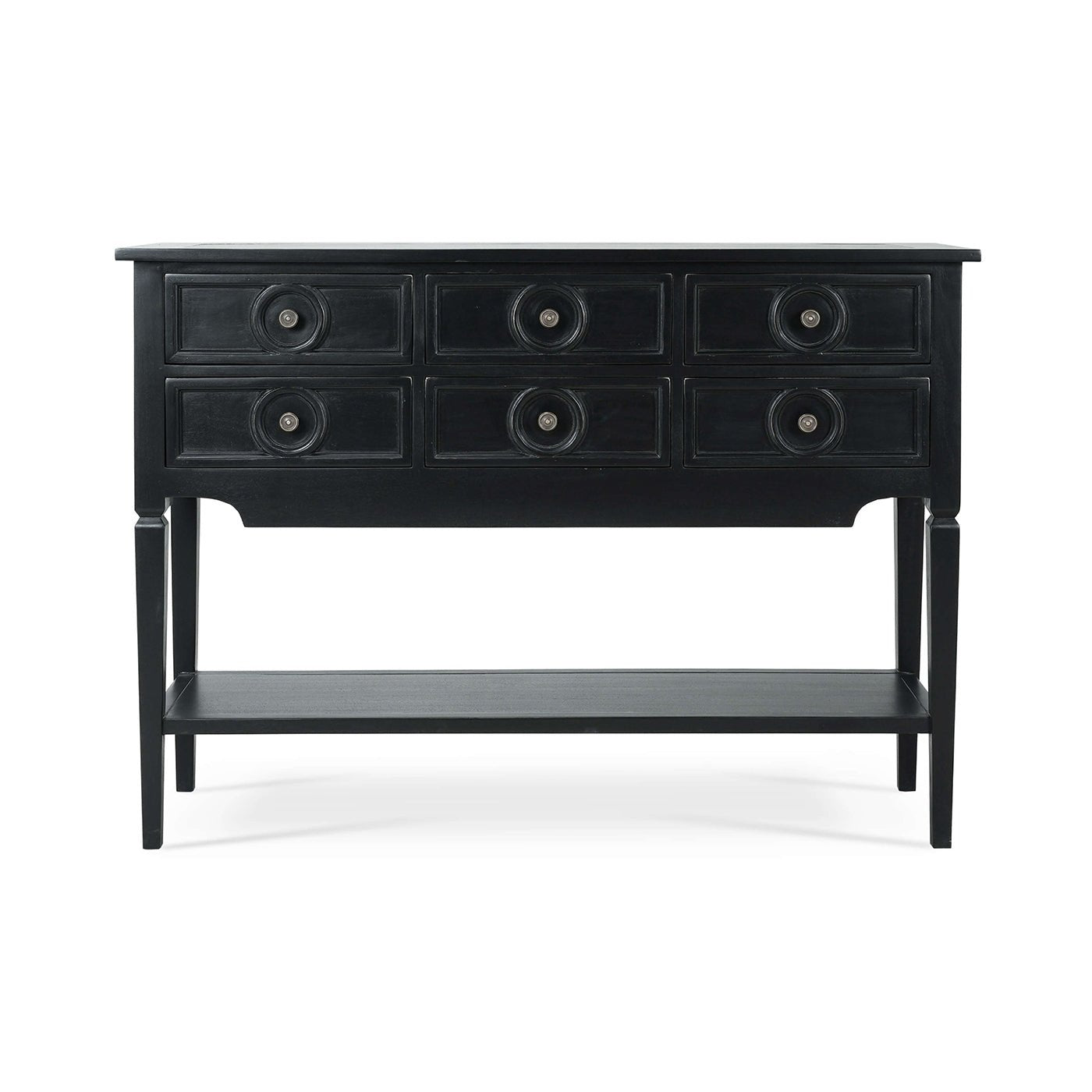 Black rustic sideboard, front view with visible drawers.