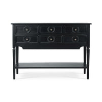 Black rustic sideboard, front view with visible drawers.