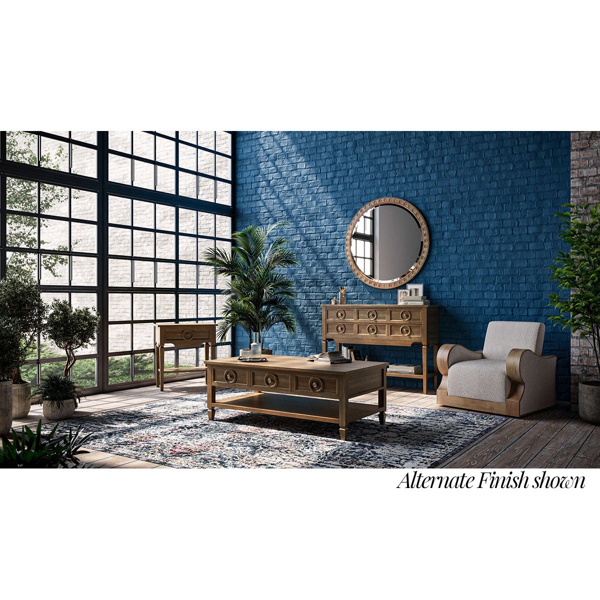 Room with alternate finish sideboard, rustic decor setting.