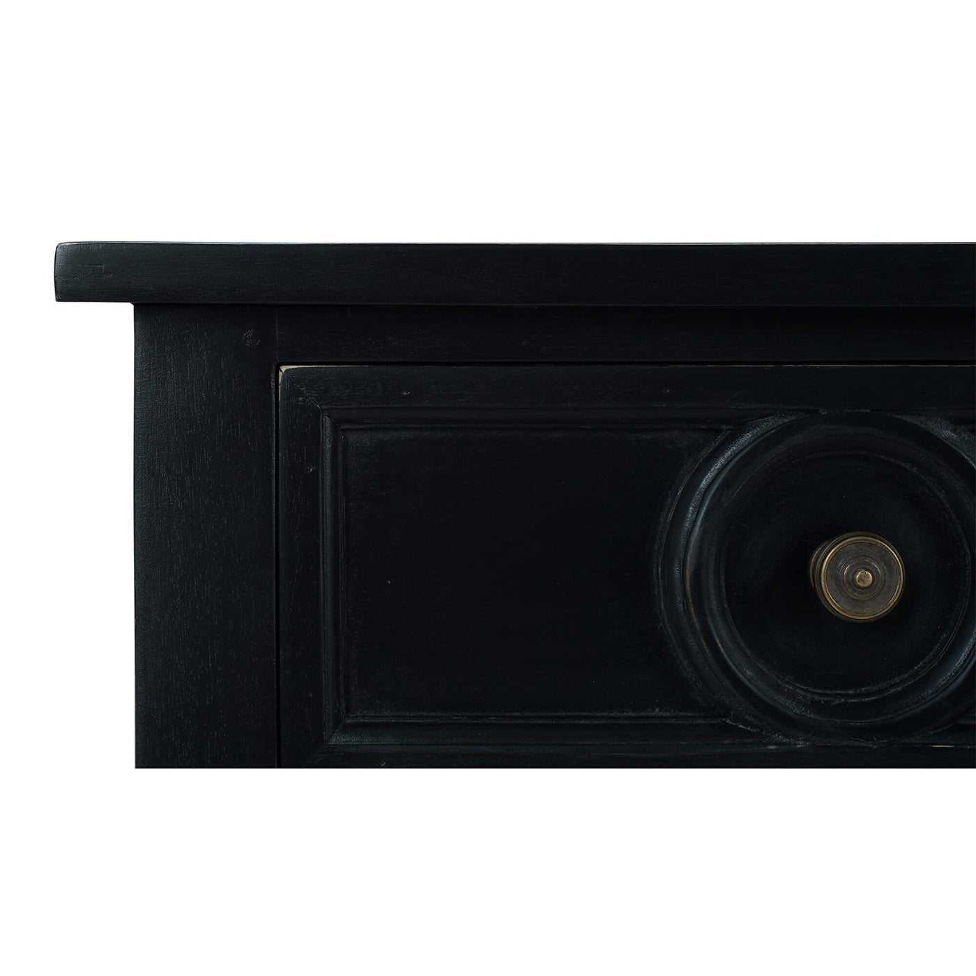 Sideboard corner detail with black finish and handle.