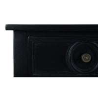 Sideboard corner detail with black finish and handle.